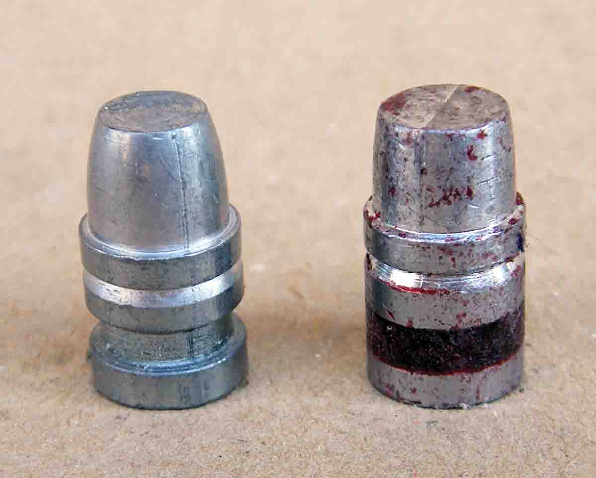 The bullet from Lyman mould 429421 (left) was designed by Elmer Keith and is probably the most popular cast bullet handloaded in the .44 Magnum. The bullet at right is a commercial version that features a larger meplat and shorter nose, but it fails to offer the same level of accuracy.